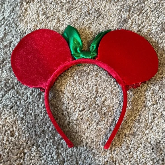 Disney Minnie Mouse Christmas Red Sequin Headband with Green Holly Bow - Picture 2 of 3